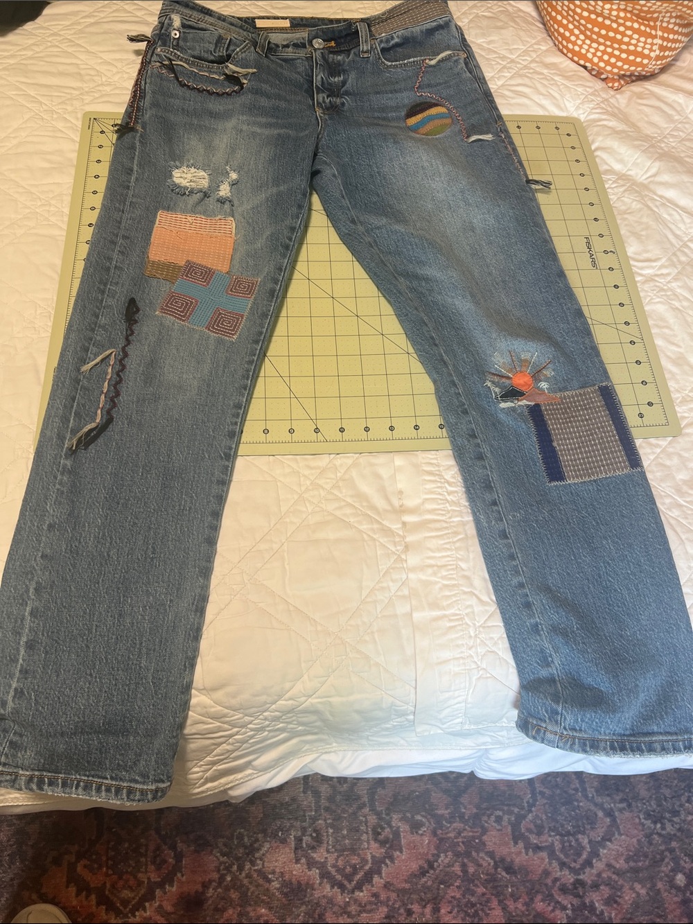 Sz 28 Pilcro Women Straight Leg Jeans with Multicolor Patchwork - Blue